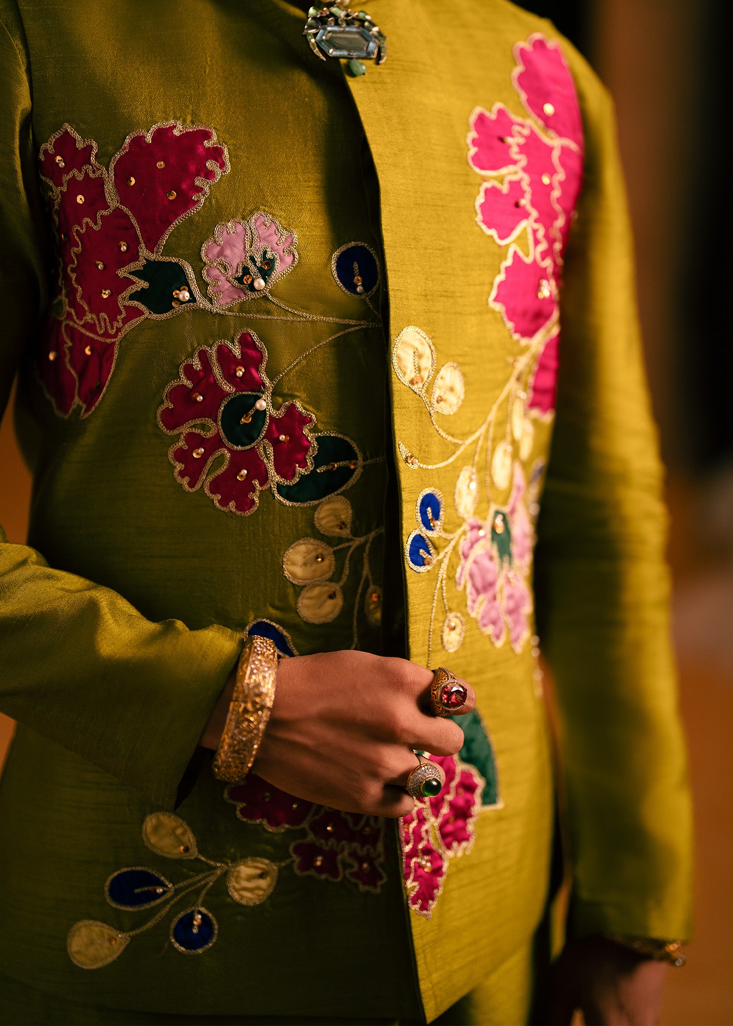 Olive Green Floral Patchwork Korean Silk Waistcoat Kurta (3-Piece) - Image 3