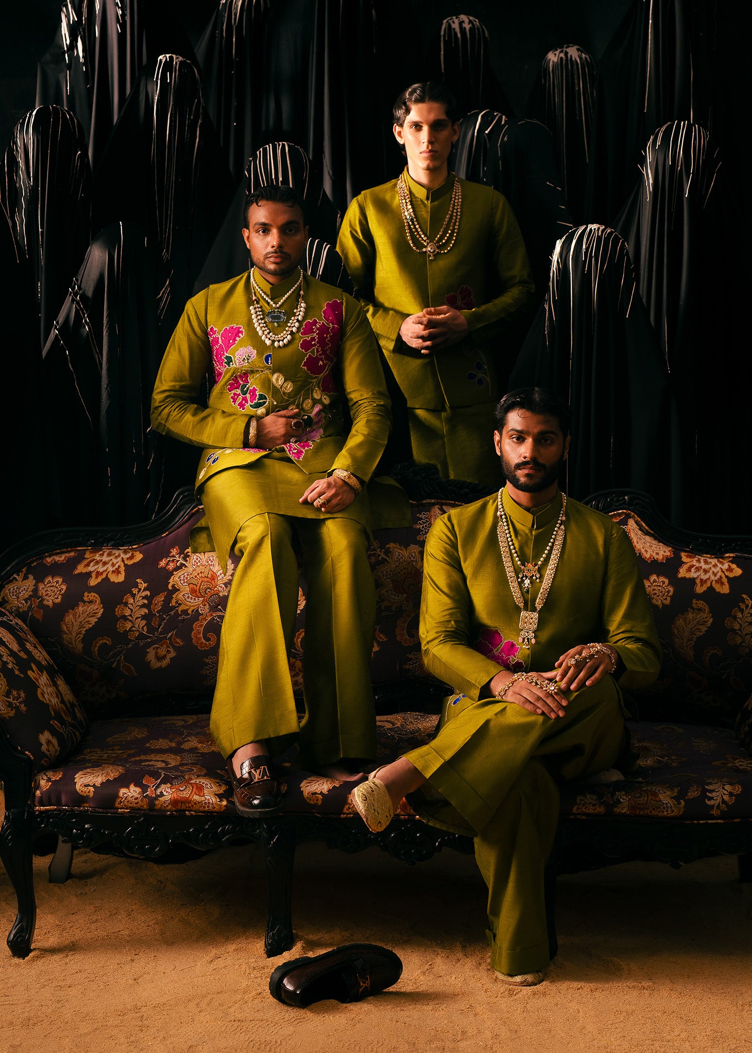 Olive Green Floral Patchwork Korean Silk Waistcoat Kurta (3-Piece) - Image 4