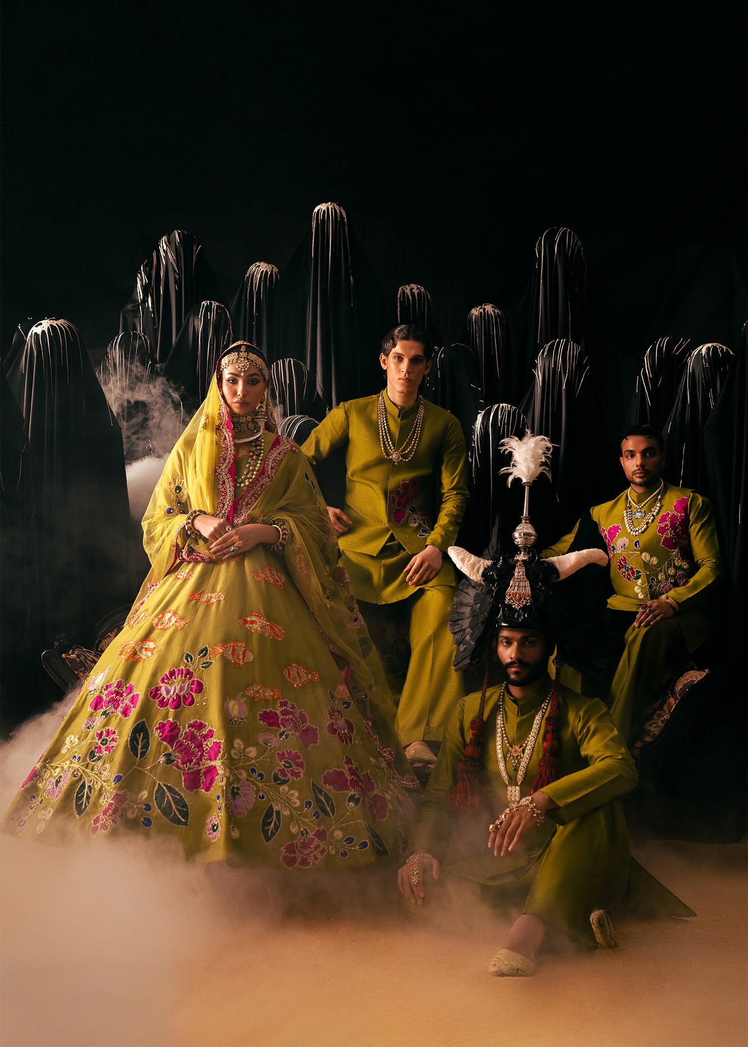 Olive Green Floral Patchwork Korean Silk Waistcoat Kurta (3-Piece) - Image 5