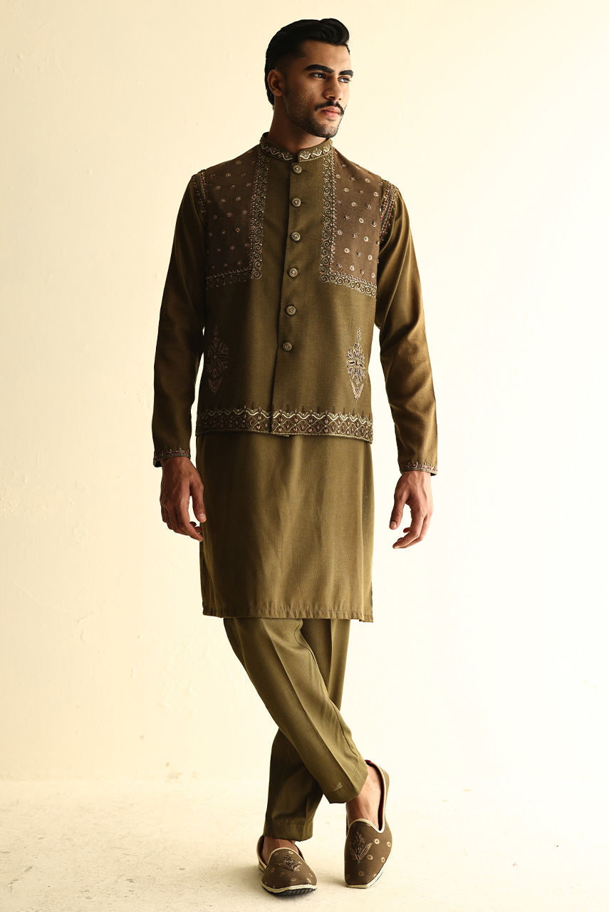 Olive Hand Embroidered Linen Waistcoat Kurta (3-Piece) - Image 1