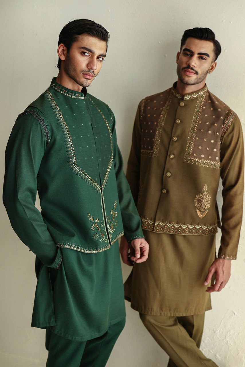 Olive Hand Embroidered Linen Waistcoat Kurta (3-Piece) - Image 7
