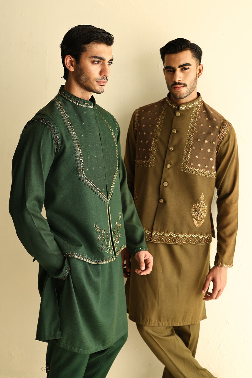 Deep Green Hand-Embroidered Linen Waistcoat Kurta (3-Piece) - Image 1