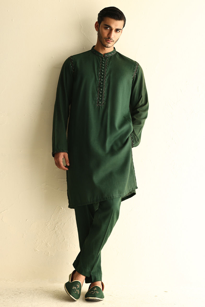 Deep Green Hand Embroidered Linen Waistcoat Kurta (3-Piece) - Image 2