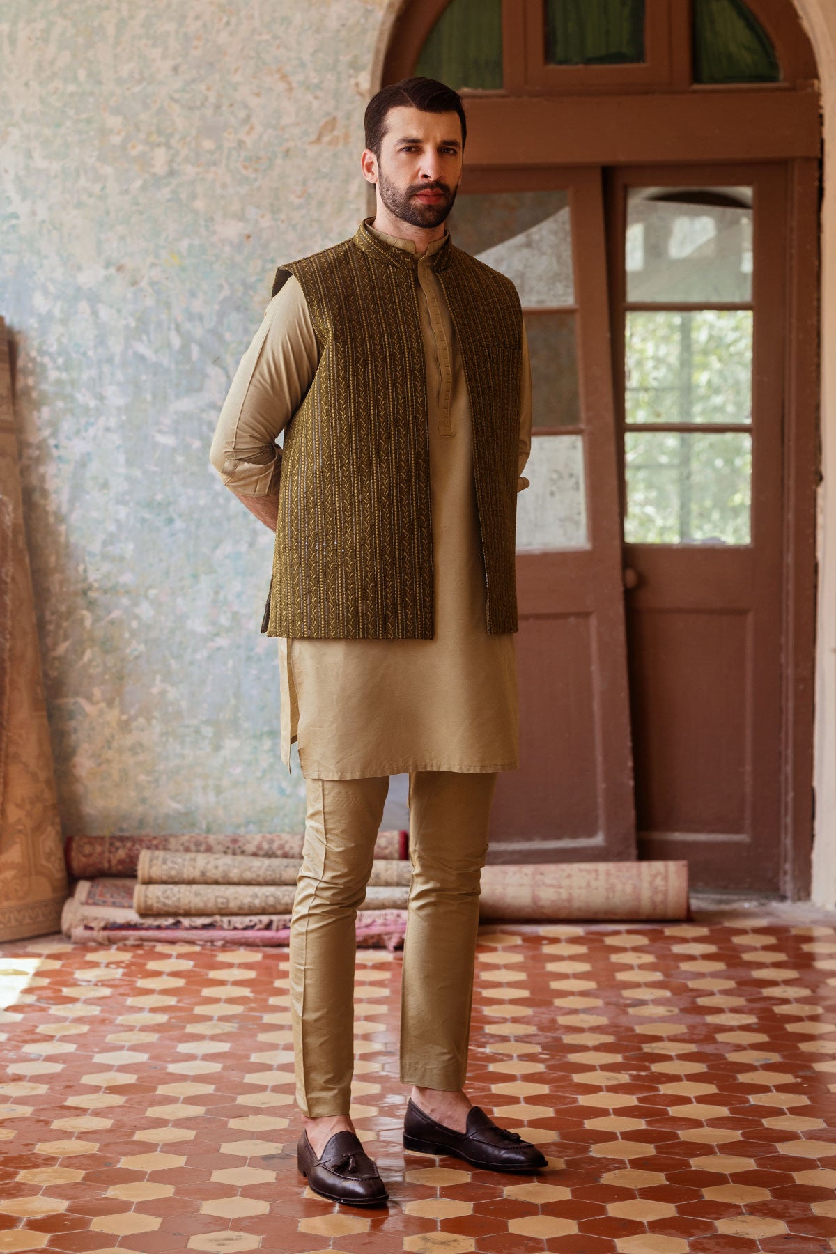 Green Embroidered Masoori Waistcoat Kurta Pajama (3-Piece) - Image 1