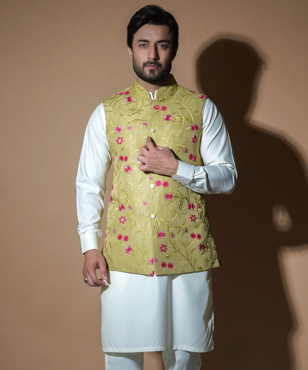 Sage Green Embroidered Waistcoat Kurta Set (3-Piece) - Image 1