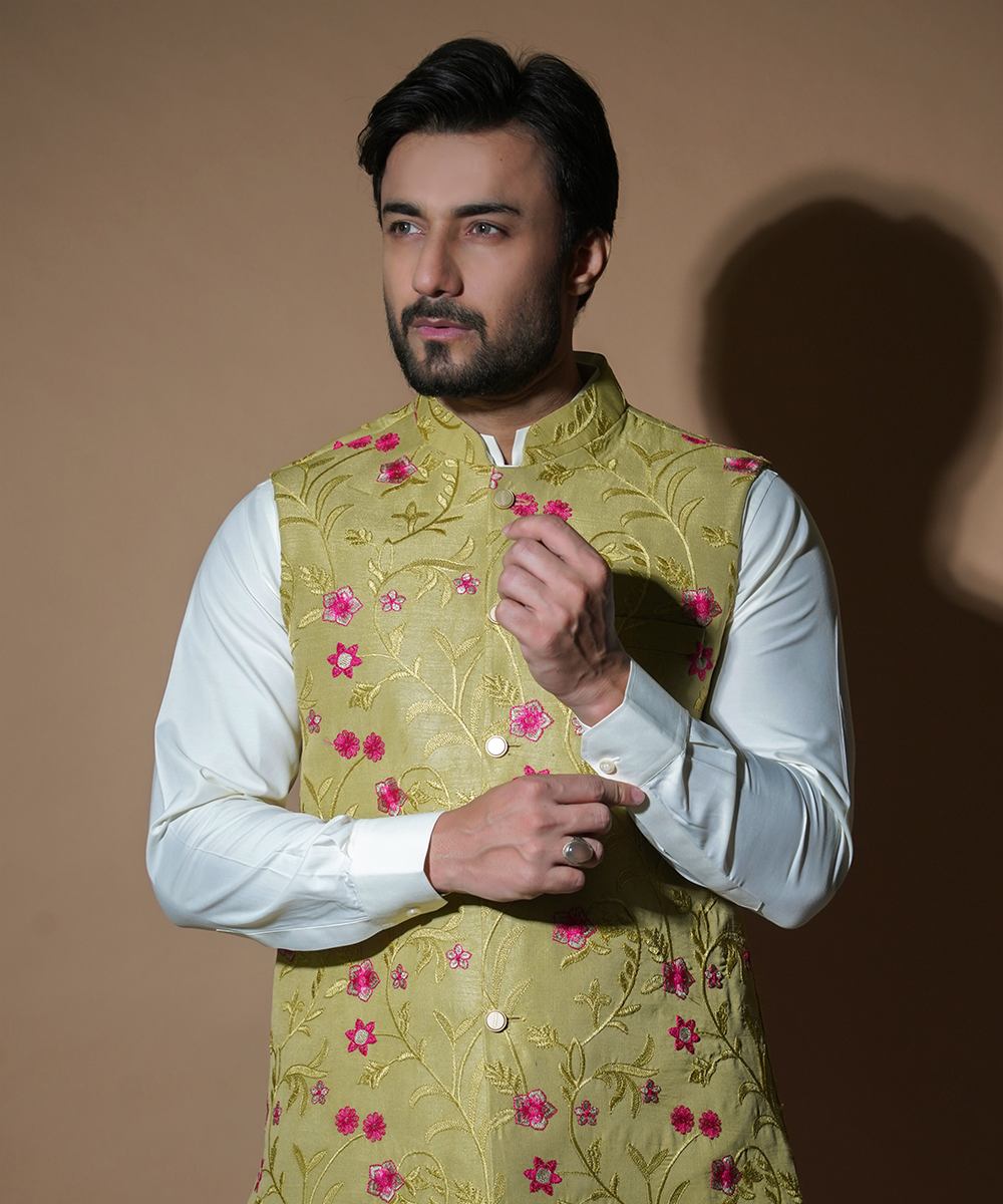 Sage Green Embroidered Waistcoat Kurta Set (3-Piece) - Image 3