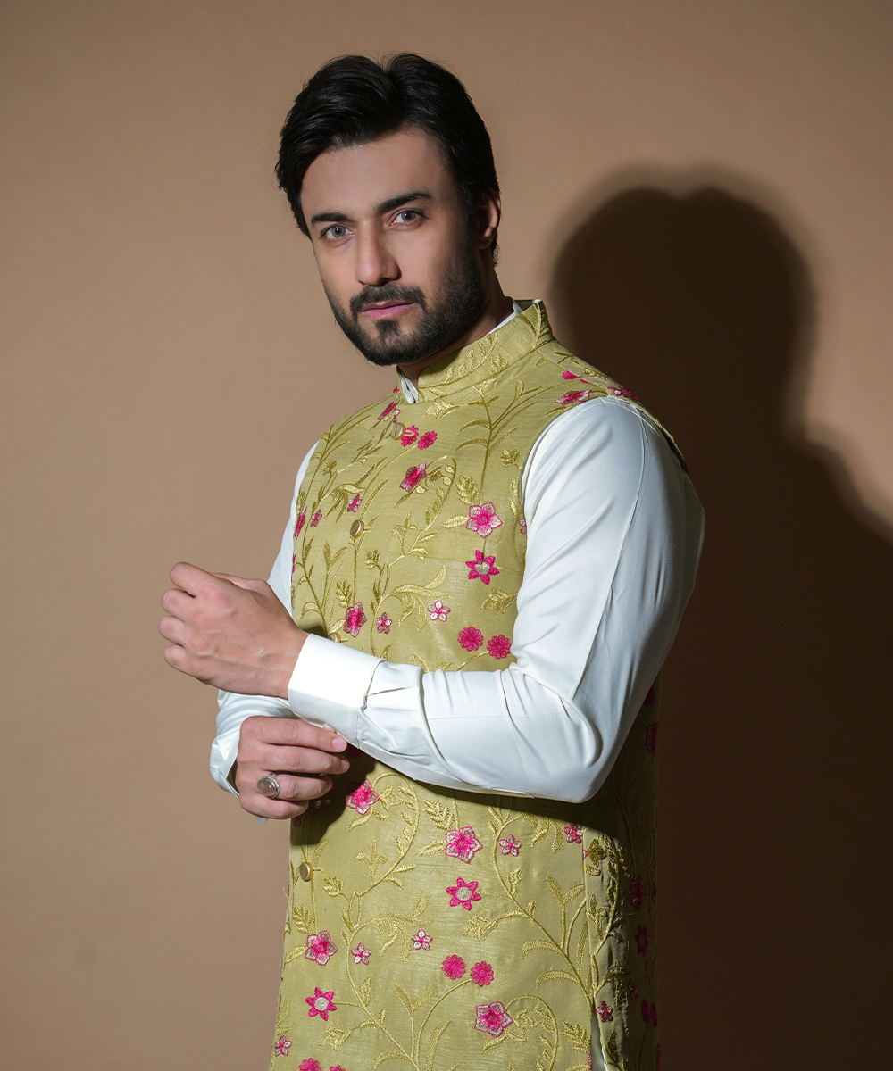 Sage Green Embroidered Waistcoat Kurta Set (3-Piece) - Image 4