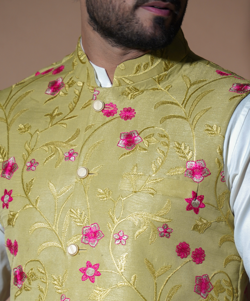 Sage Green Embroidered Waistcoat Kurta Set (3-Piece) - Image 5