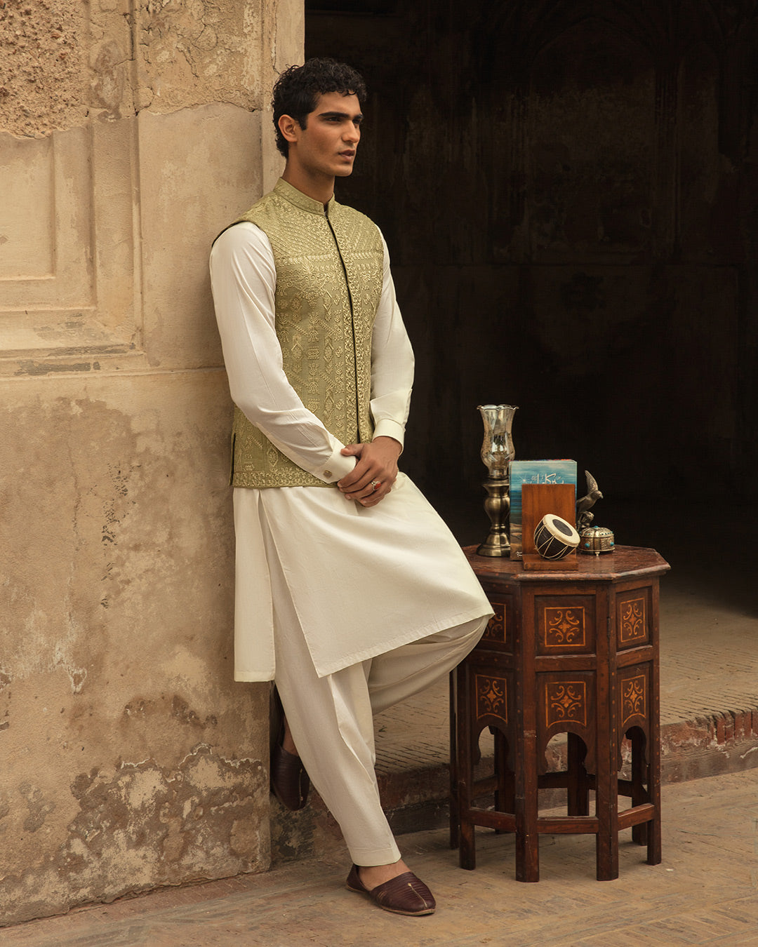 Pistachio Green Embroidered Silk Waistcoat Kurta (3-Piece) - Image 1