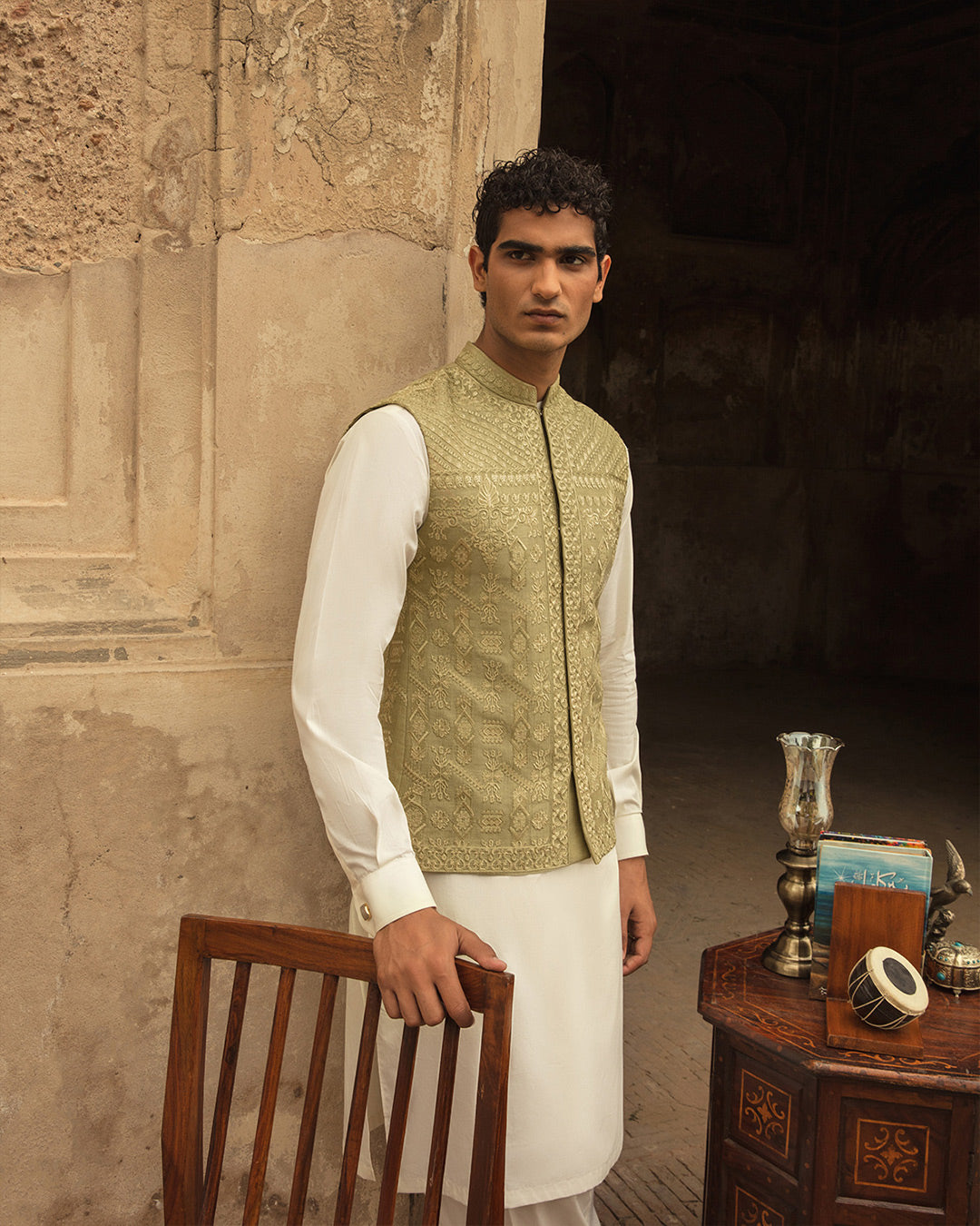Pistachio Green Embroidered Silk Waistcoat Kurta (3-Piece) - Image 2