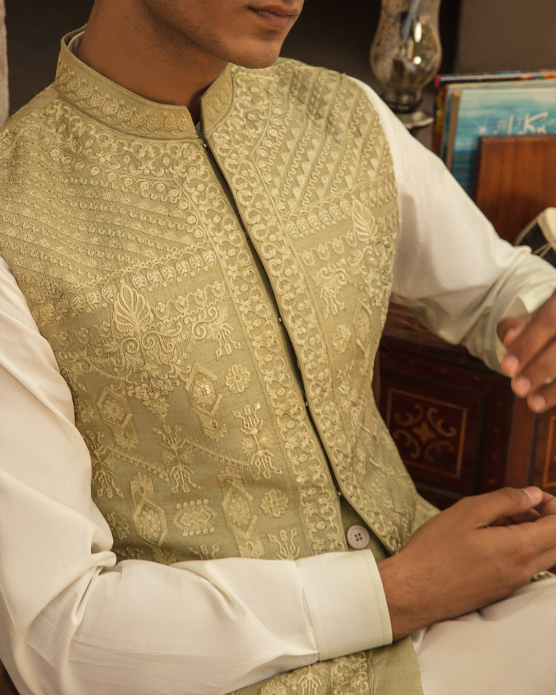 Pistachio Green Embroidered Silk Waistcoat Kurta (3-Piece) - Image 3