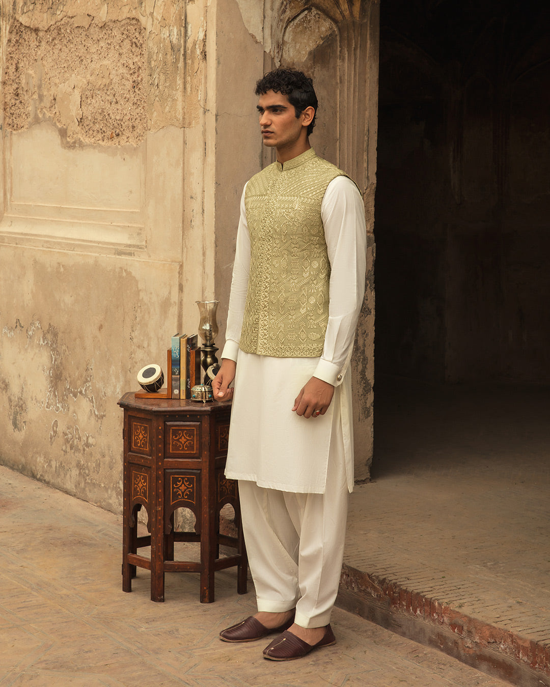 Pistachio Green Embroidered Silk Waistcoat Kurta (3-Piece) - Image 4