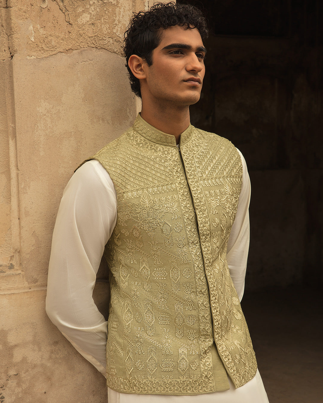 Pistachio Green Embroidered Silk Waistcoat Kurta (3-Piece) - Image 5