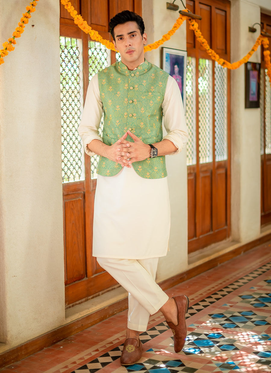 Avocado Green Digital Print Raw Silk Waistcoat (1-Pc) - Image 1