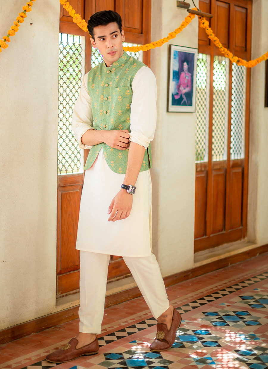 Avocado Green Digital Print Raw Silk Waistcoat (1-Pc) - Image 2