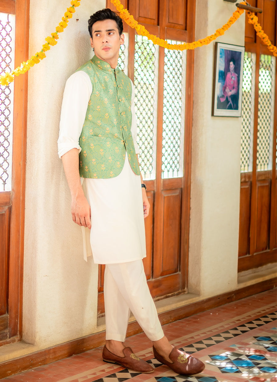 Avocado Green Digital Print Raw Silk Waistcoat (1-Pc) - Image 3