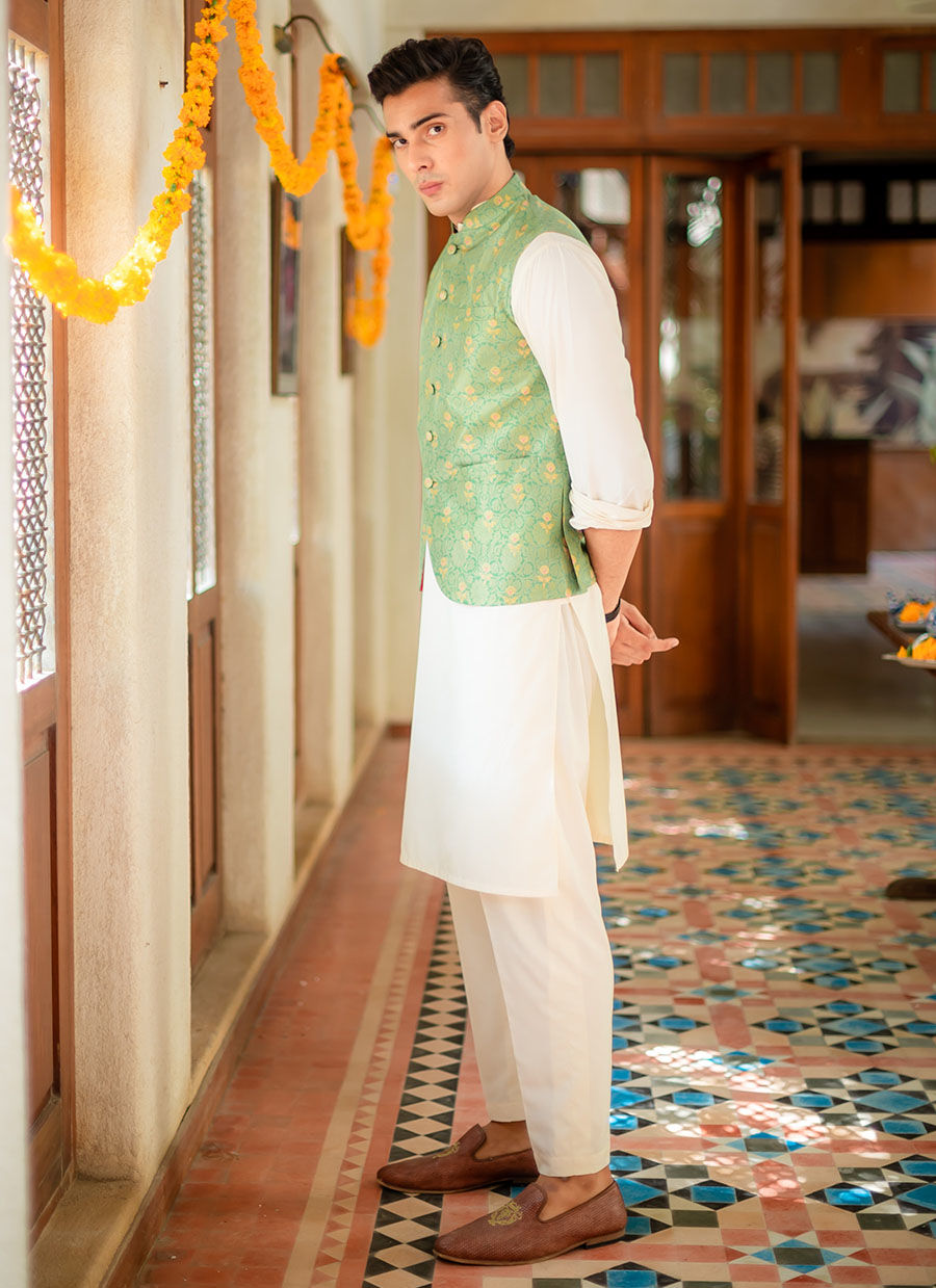 Avocado Green Digital Print Raw Silk Waistcoat (1-Pc) - Image 5