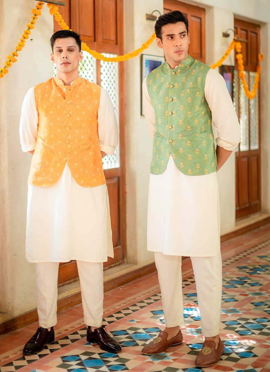 Avocado Green Digital Print Raw Silk Waistcoat (1-Pc) - Image 6