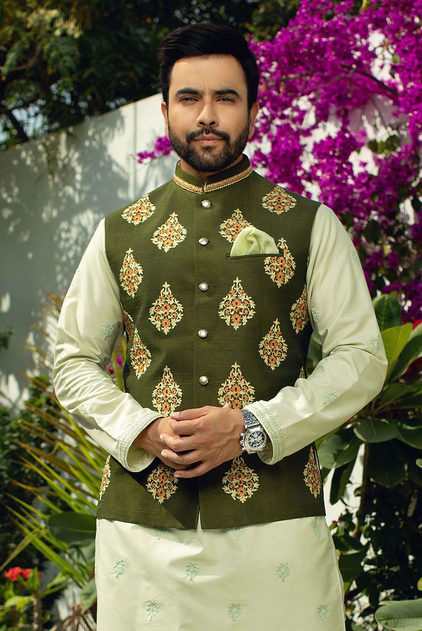 Olive Green Embroidered Raw Silk Waistcoat Kurta (3-Piece) - Image 1