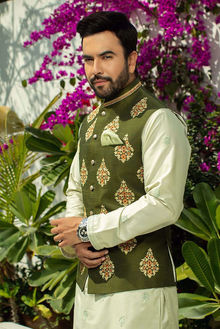 Olive Green Embroidered Raw Silk Waistcoat Kurta (3-Piece) - Image 2