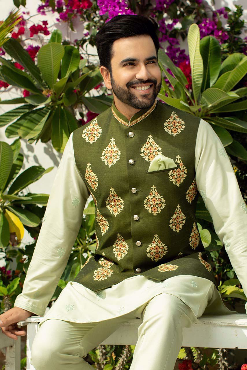 Olive Green Embroidered Raw Silk Waistcoat Kurta (3-Piece) - Image 3