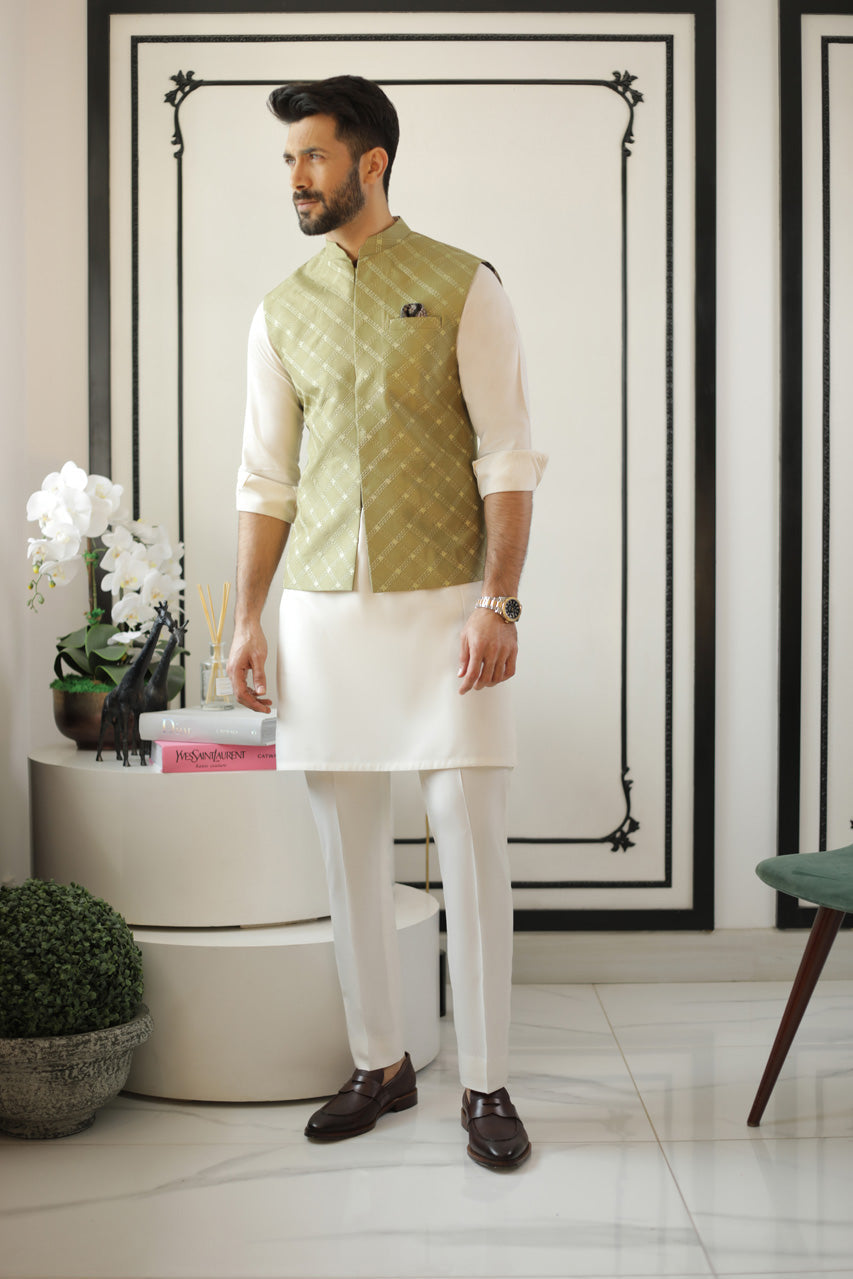 Olive Embroidered Raw Silk Waistcoat Kurta Set (3-Piece) - Image 1