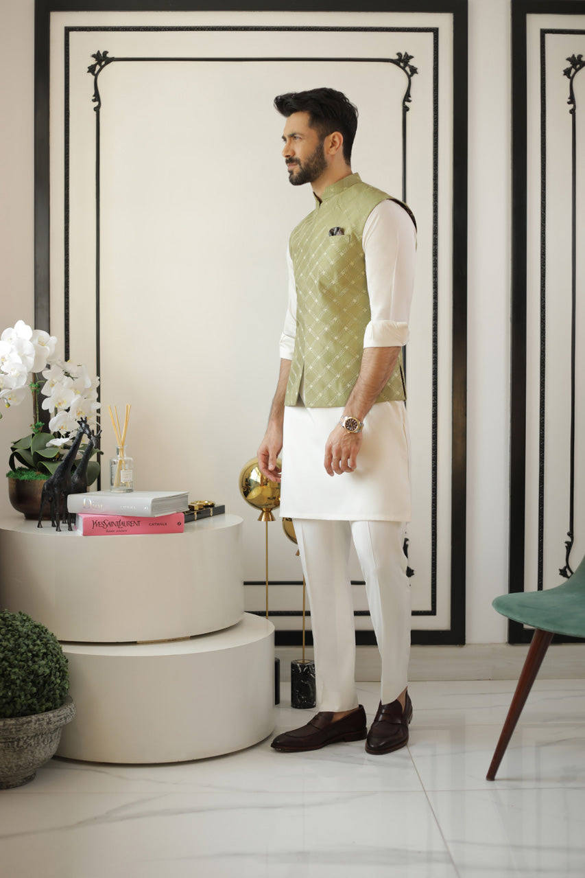 Olive Embroidered Raw Silk Waistcoat Kurta Set (3-Piece) - Image 2
