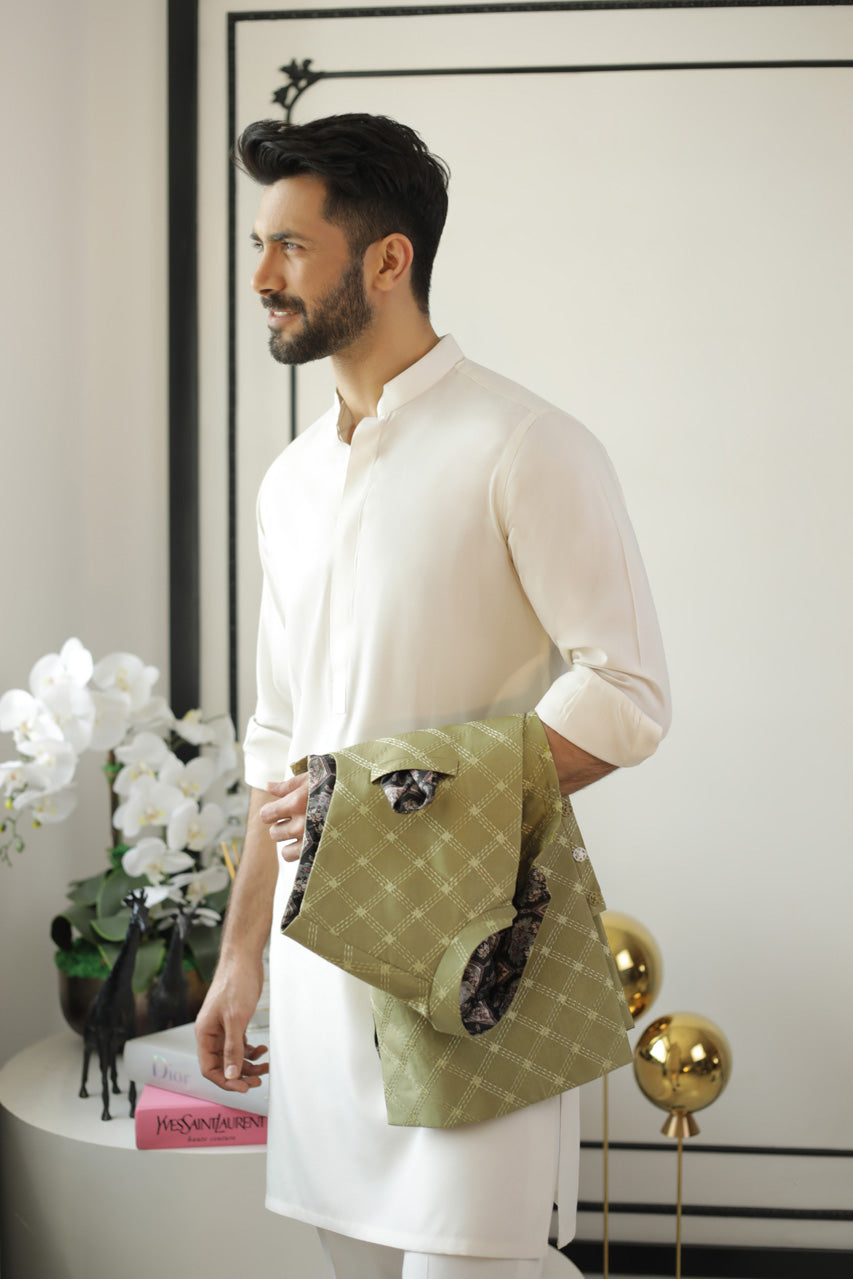 Olive Embroidered Raw Silk Waistcoat Kurta Set (3-Piece) - Image 3