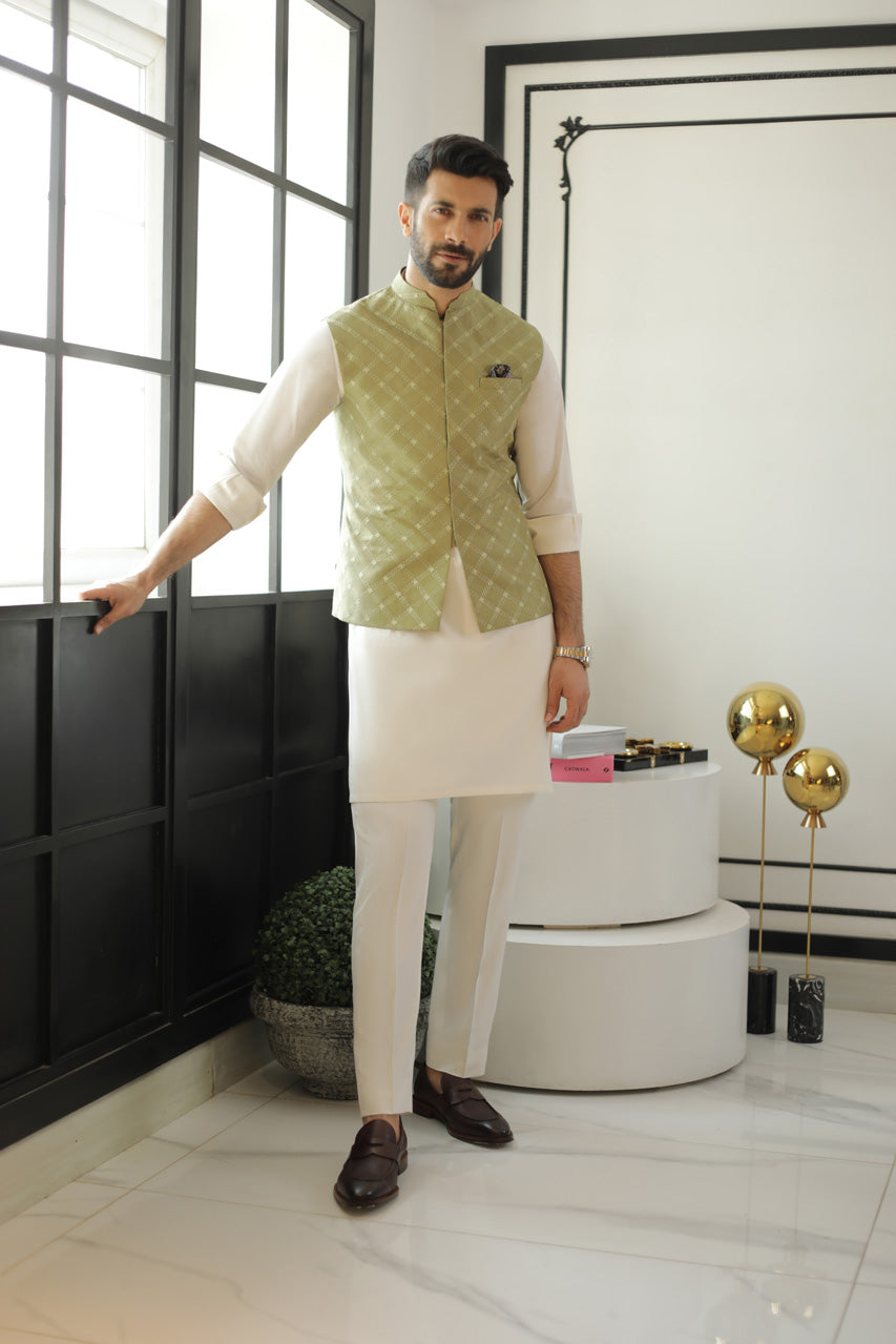 Olive Embroidered Raw Silk Waistcoat Kurta Set (3-Piece) - Image 4