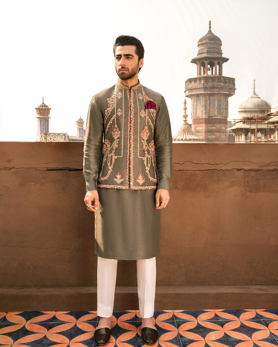 Olive Green Embroidered Korean Raw Silk Waistcoat Kurta (3-Piece) - Image 1