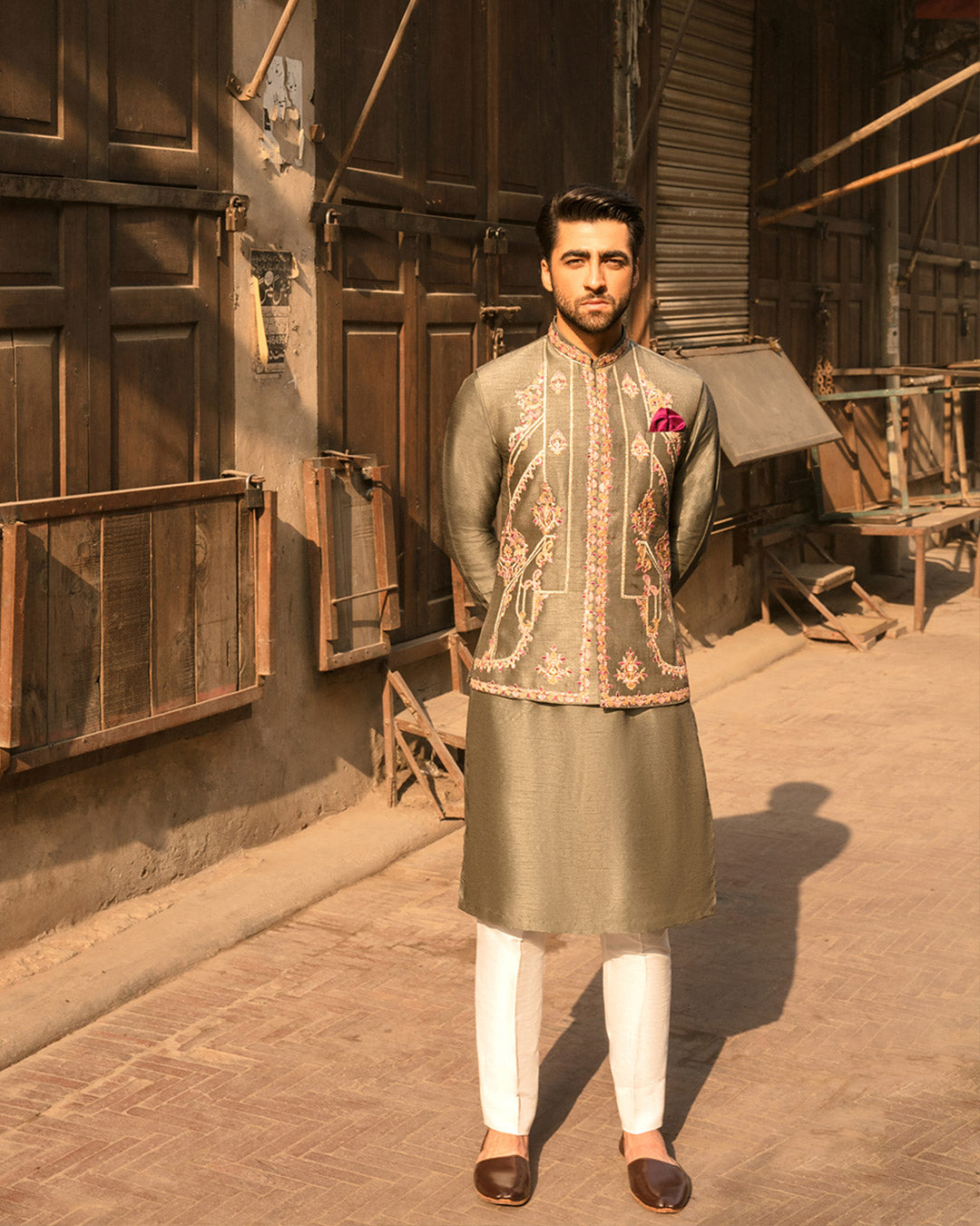 Olive Green Embroidered Korean Raw Silk Waistcoat Kurta (3-Piece) - Image 3