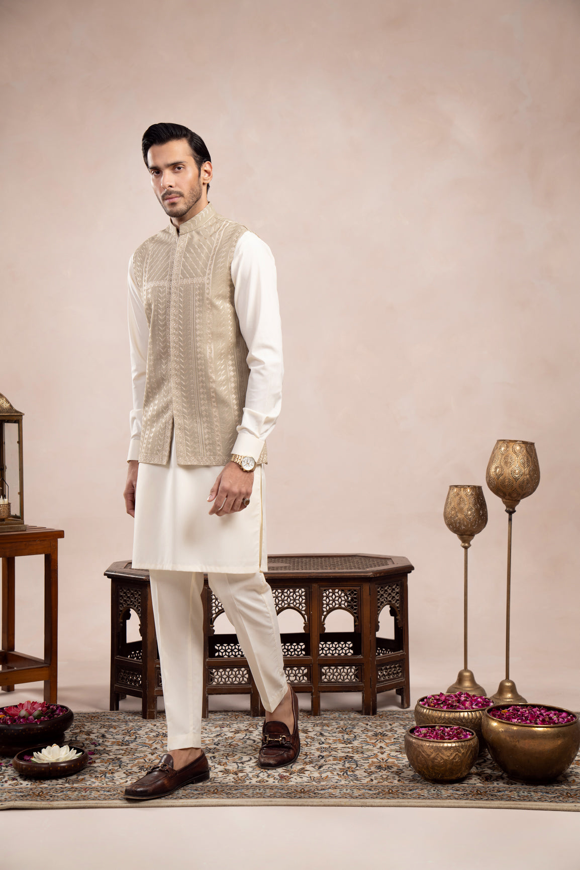 Mint Embroidered Raw Silk Waistcoat (3-Piece) - Image 4