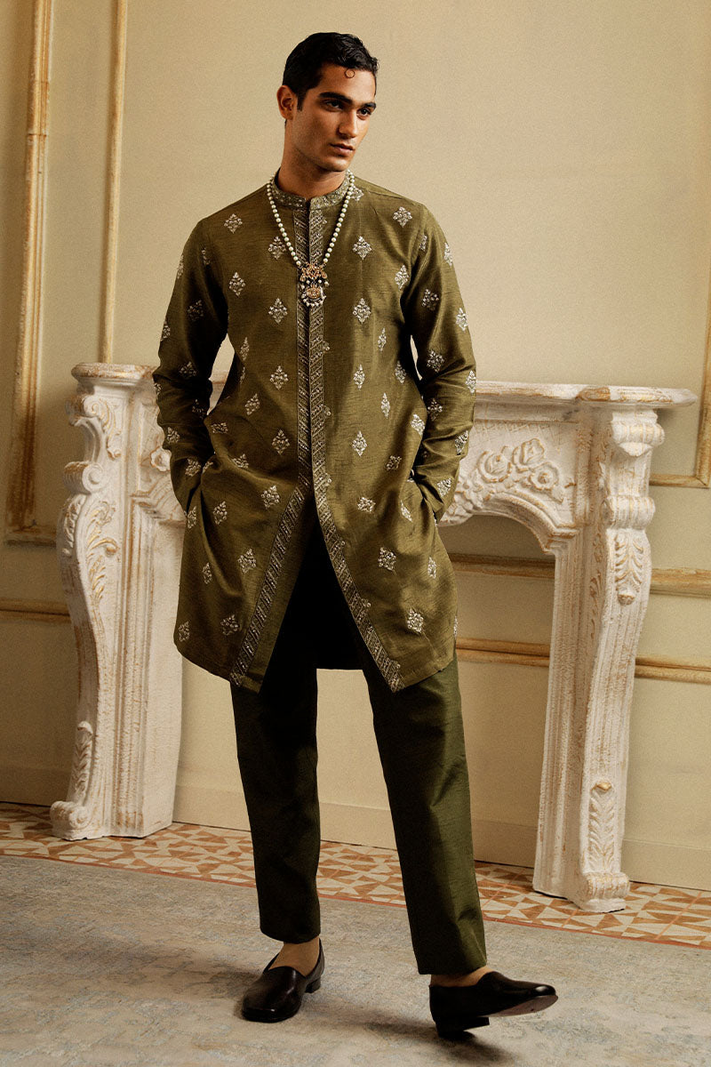 Olive Green Embroidered Raw Silk Waistcoat (3-Piece) - Image 4