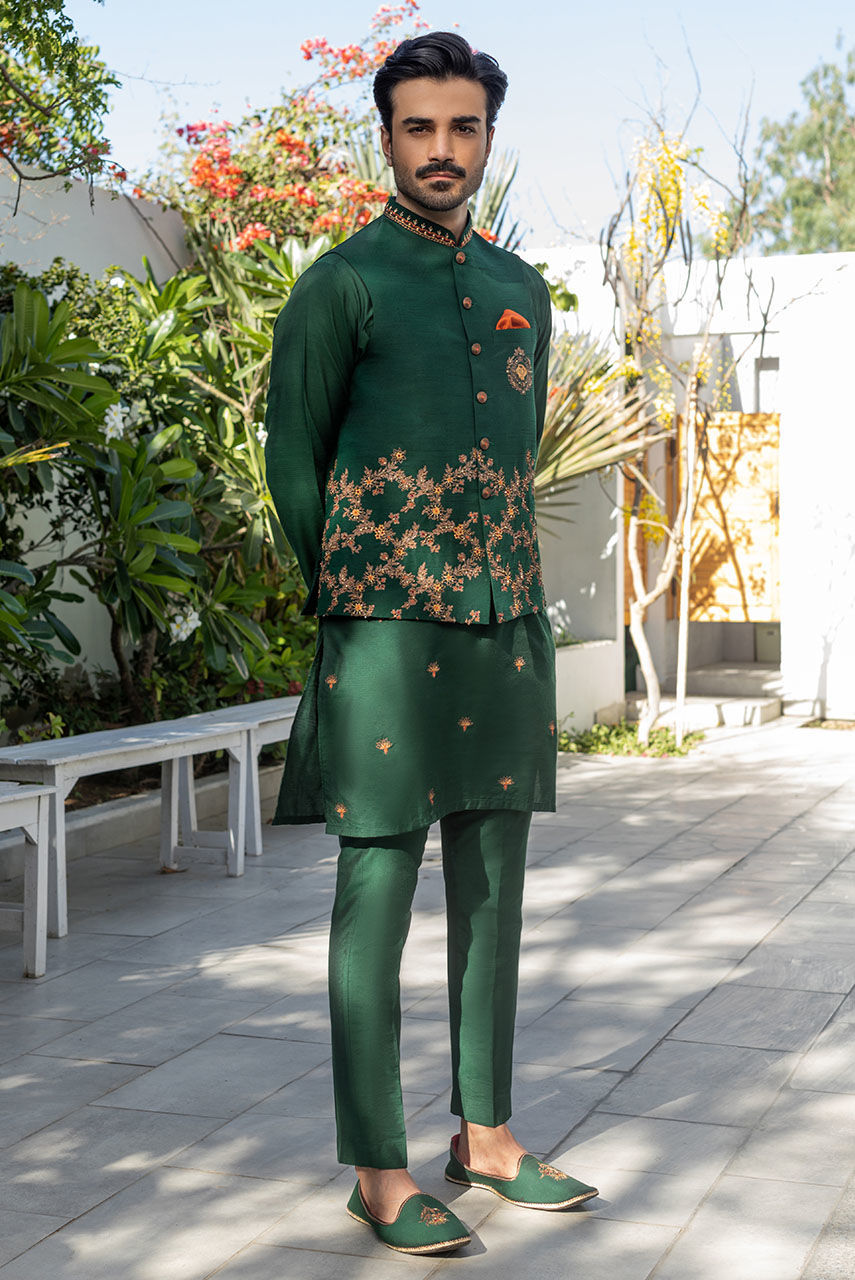 Emerald Green Embroidered Raw Silk Waistcoat Kurta (3-Piece) - Image 1