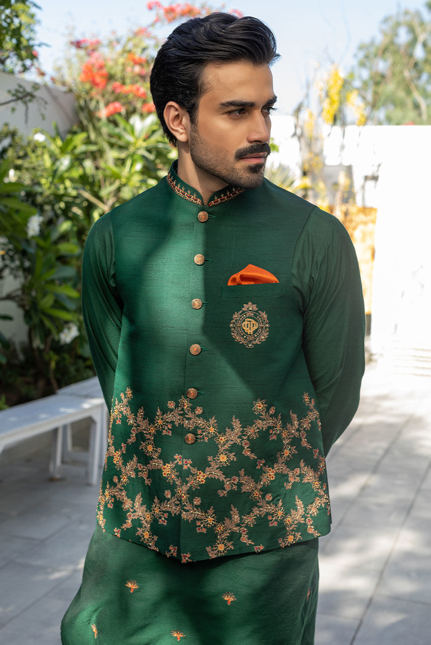 Emerald Green Embroidered Raw Silk Waistcoat Kurta (3-Piece) - Image 2