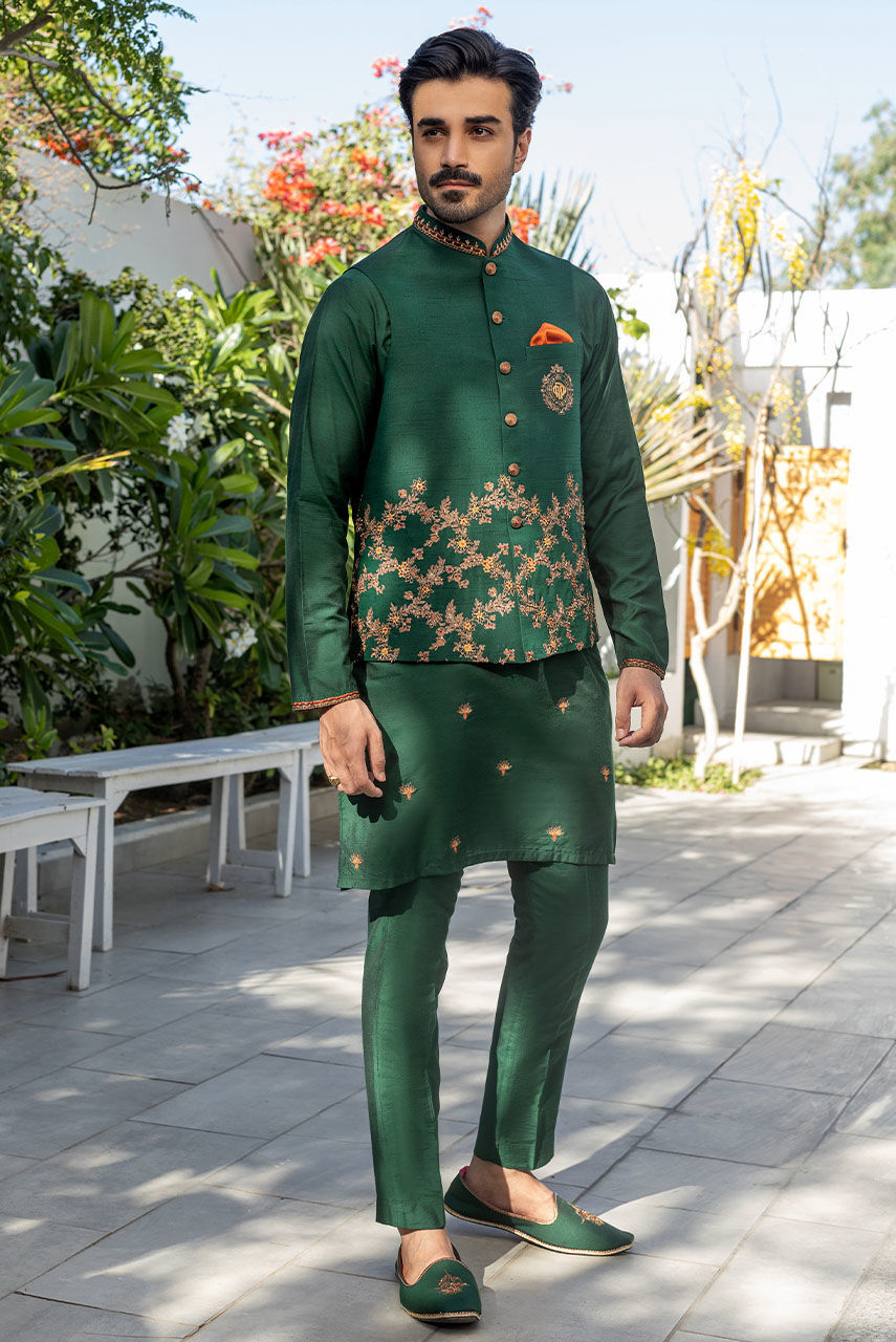 Emerald Green Embroidered Raw Silk Waistcoat Kurta (3-Piece) - Image 3