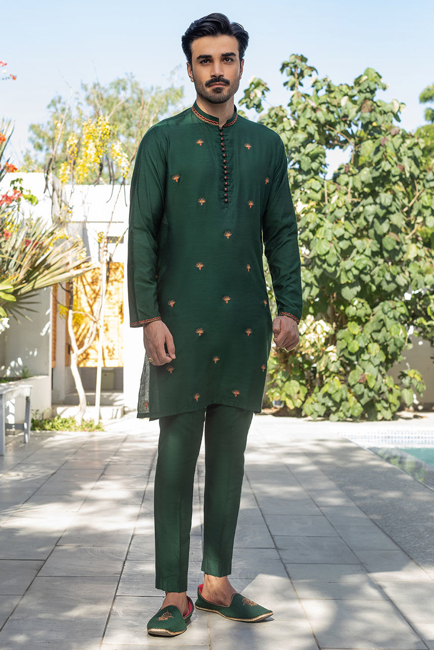 Emerald Green Embroidered Raw Silk Waistcoat Kurta (3-Piece) - Image 4