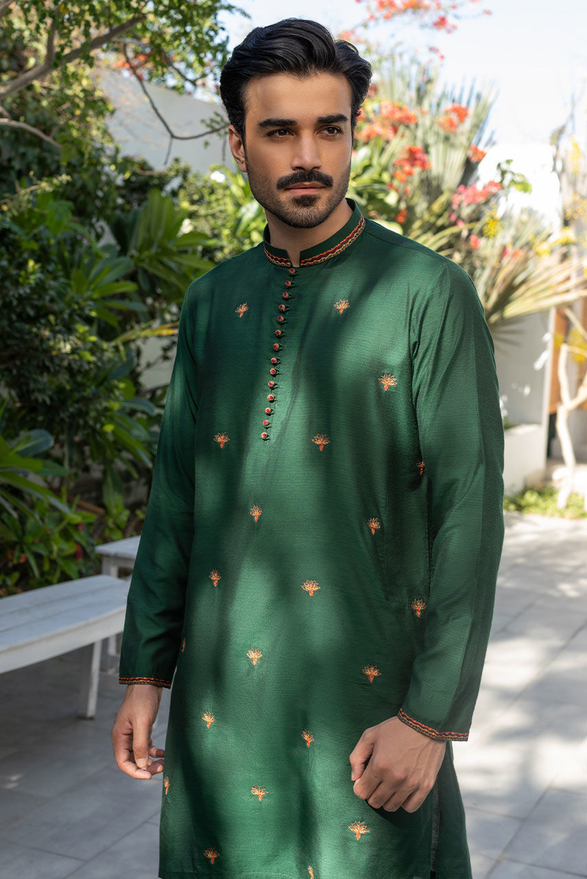 Emerald Green Embroidered Raw Silk Waistcoat Kurta (3-Piece) - Image 5