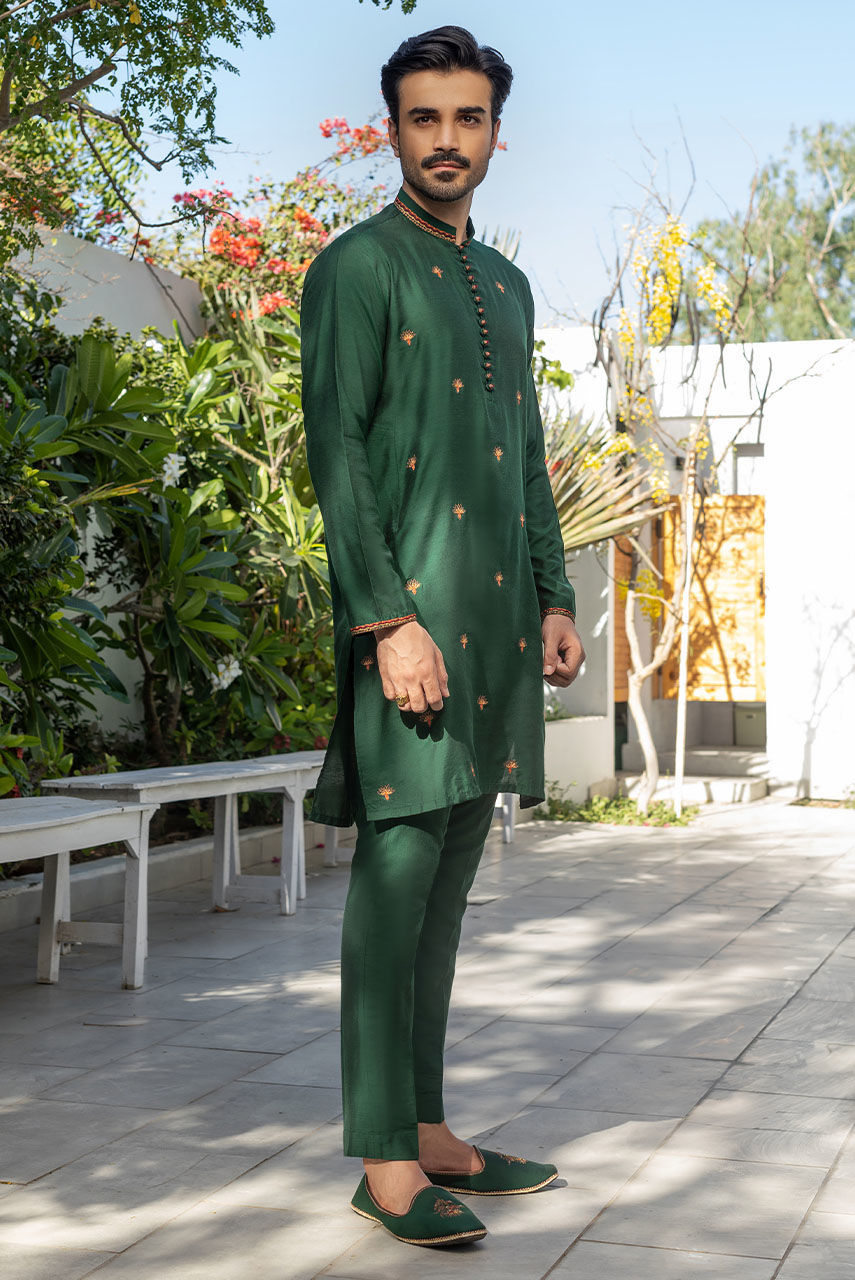 Emerald Green Embroidered Raw Silk Waistcoat Kurta (3-Piece) - Image 6