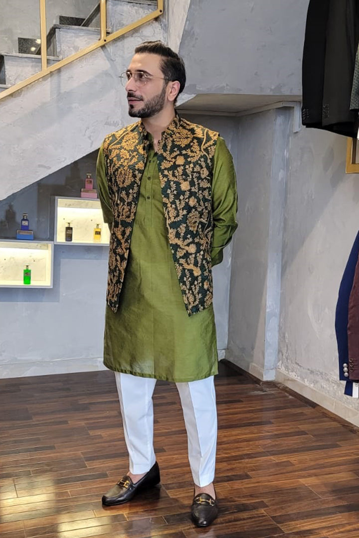 Green Embroidered Raw Silk Waistcoat Kurta (3-Piece) - Image 2