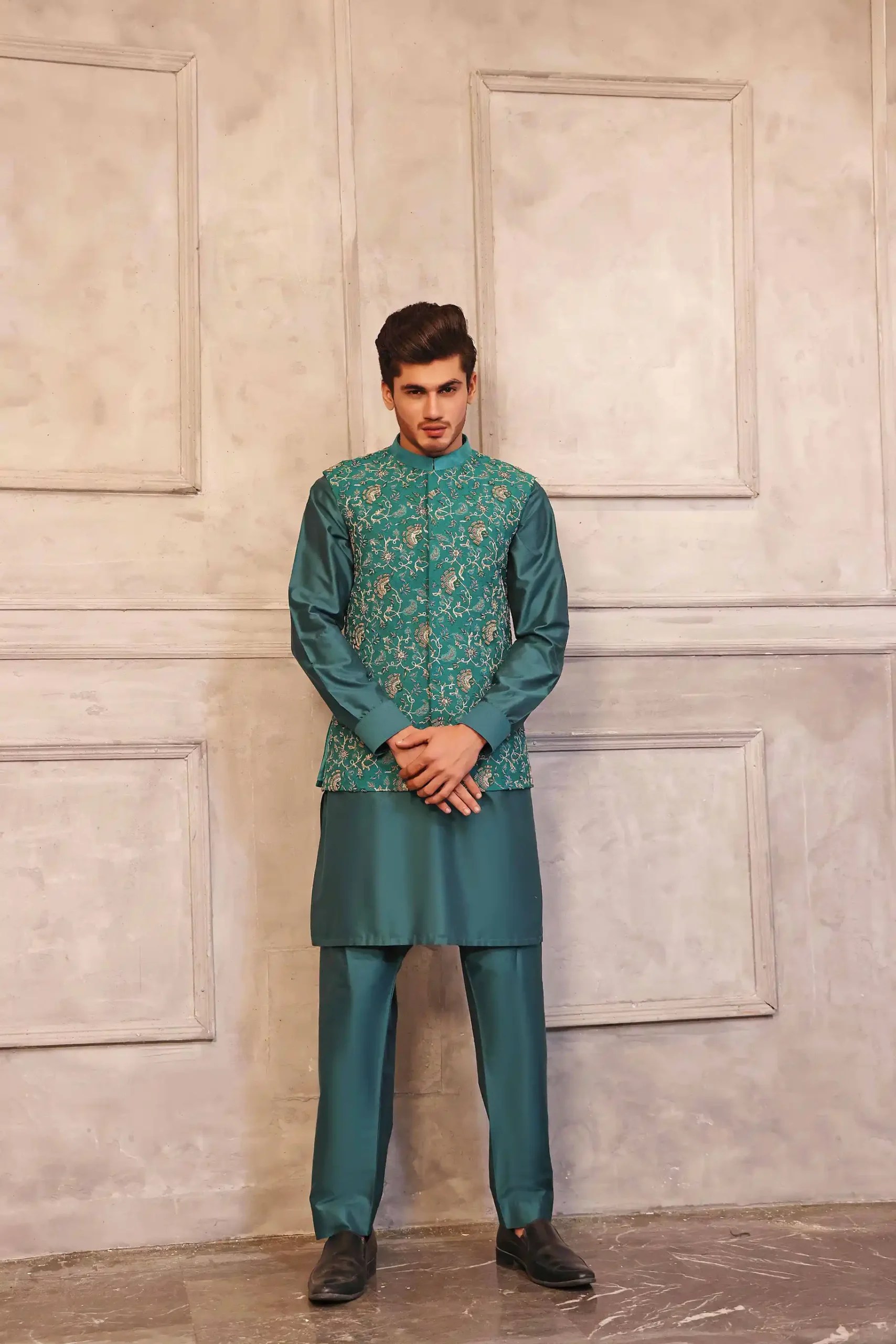 Pine Green Embroidered Raw Silk Waistcoat Kurta (3-Piece) - Image 1