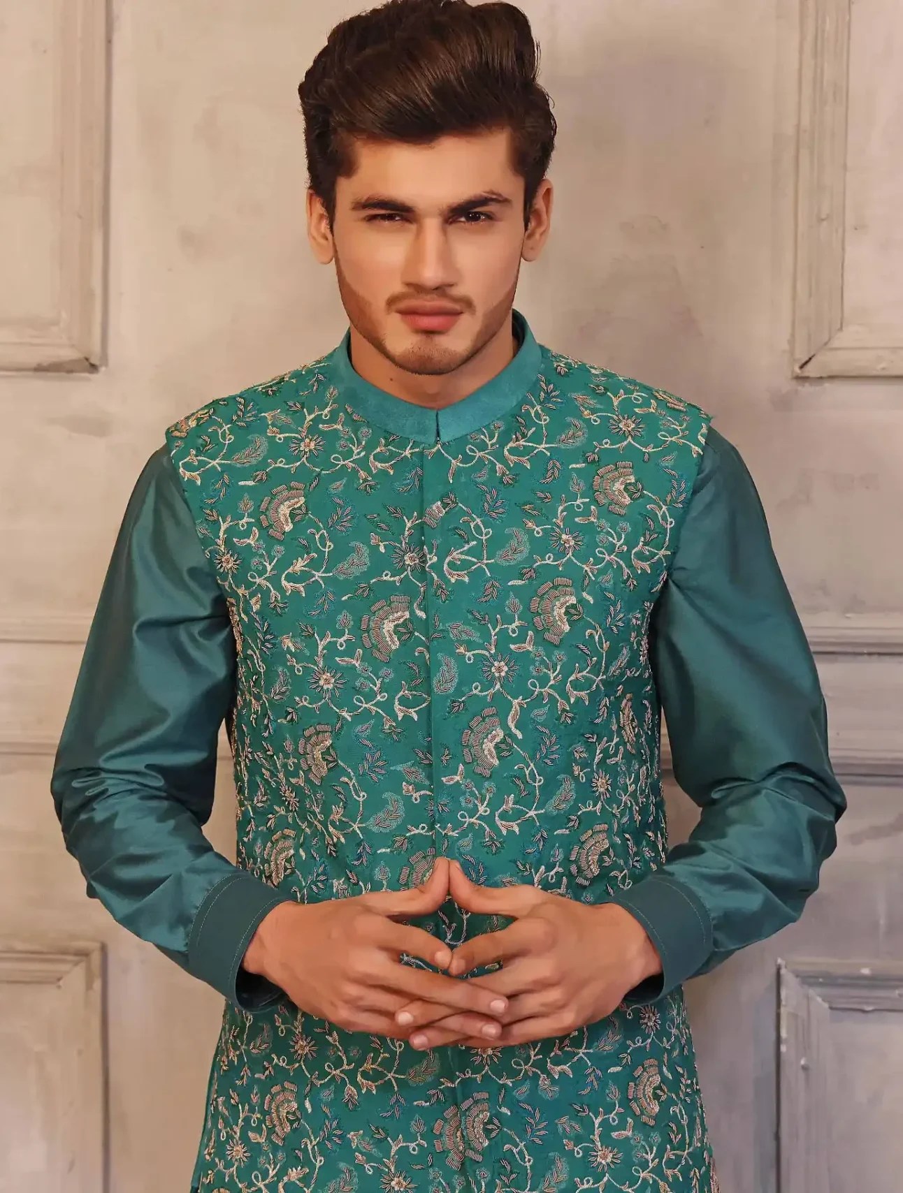 Pine Green Embroidered Raw Silk Waistcoat Kurta (3-Piece) - Image 2