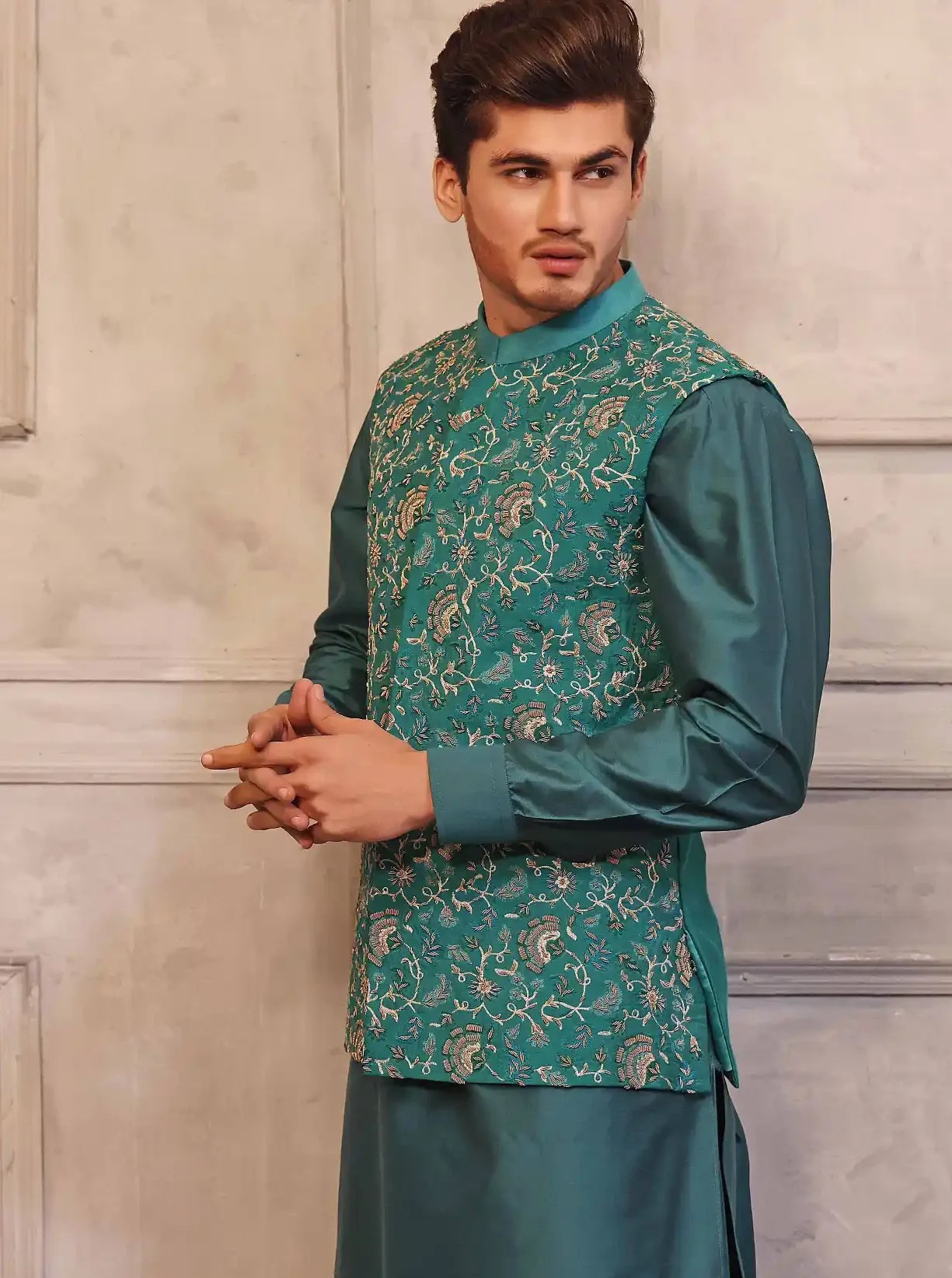 Pine Green Embroidered Raw Silk Waistcoat Kurta (3-Piece) - Image 3