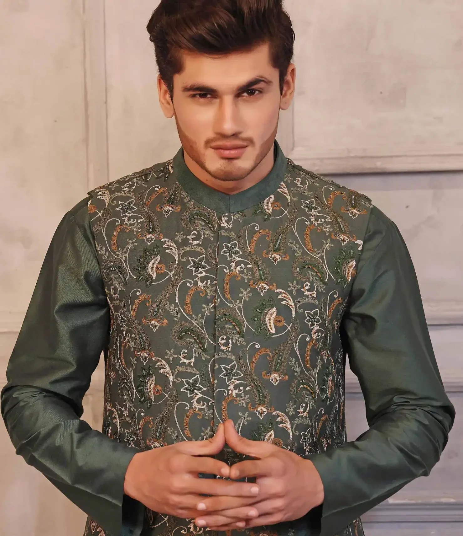 Olive Green Gold Embroidered Raw Silk Waistcoat Kurta (3-Piece) - Image 1