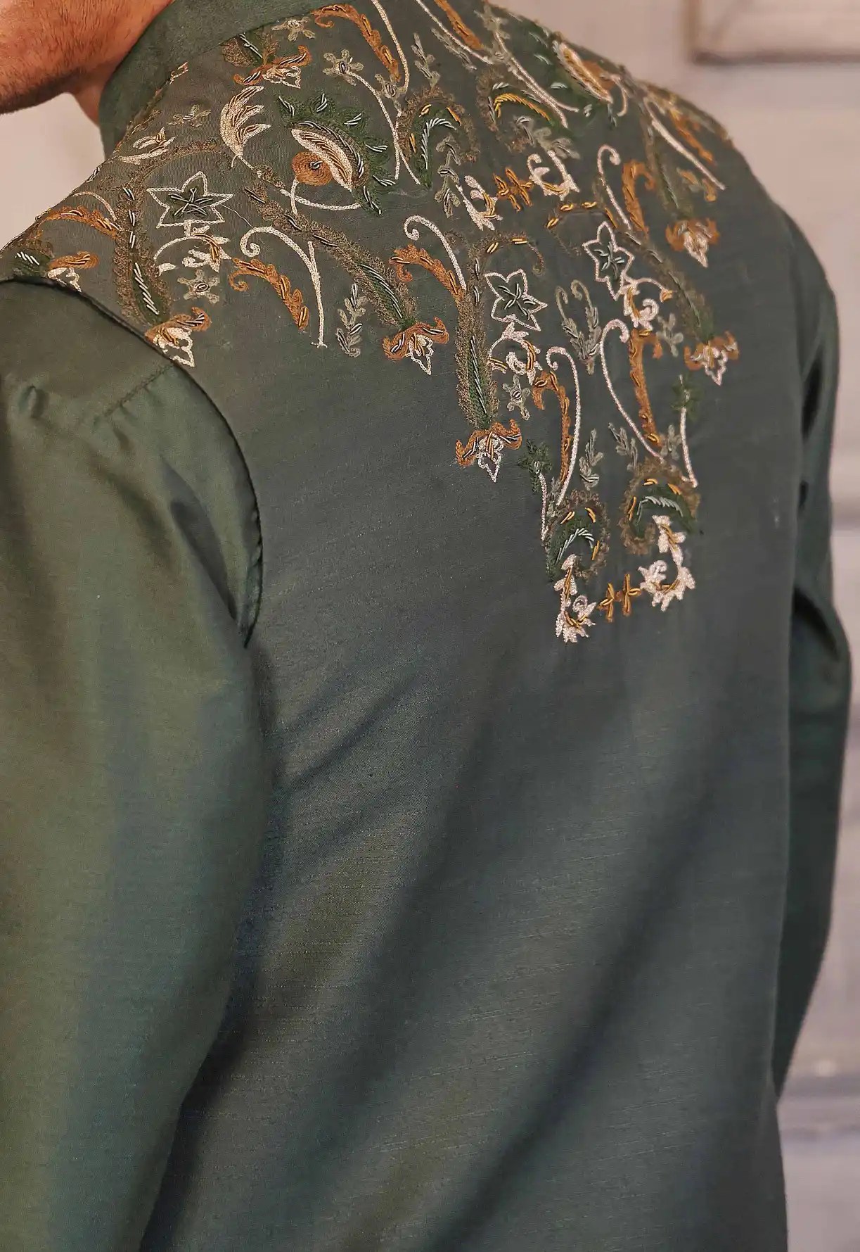 Olive Green Gold Embroidered Raw Silk Waistcoat Kurta (3-Piece) - Image 3