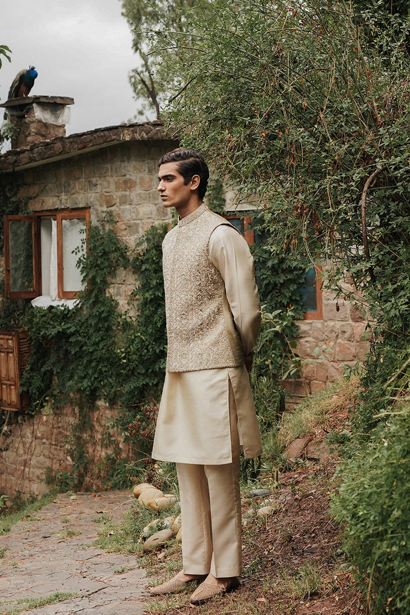 Henna Green Hand-Embroidered Raw Silk Waistcoat Kurta (3-Piece) - Image 2