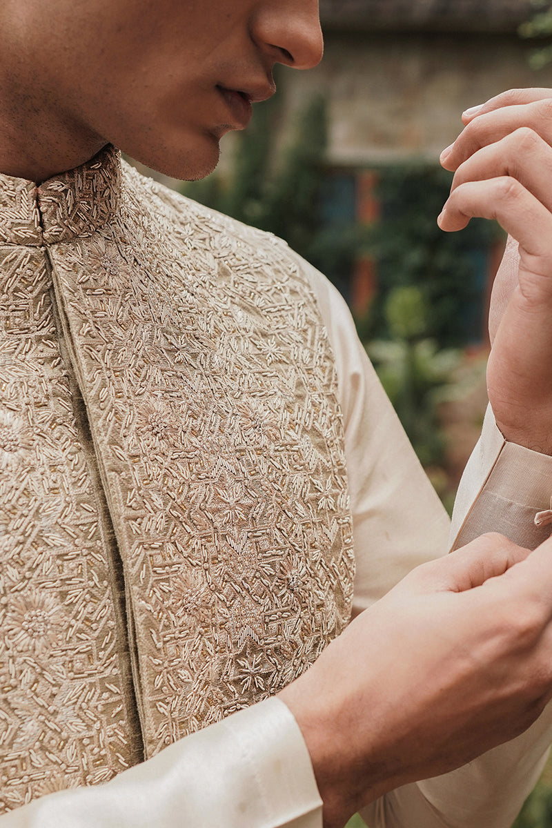 Henna Green Hand-Embroidered Raw Silk Waistcoat Kurta (3-Piece) - Image 4