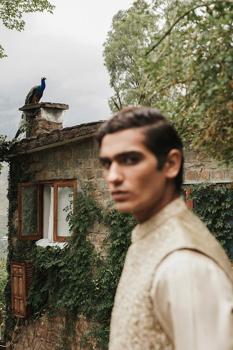 Henna Green Embroidered Raw Silk Waistcoat Kurta (3-Piece) - Image 3