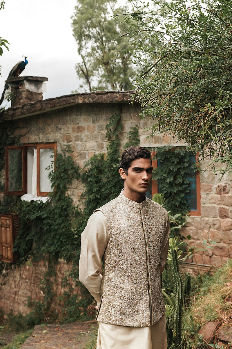 Henna Green Hand-Embroidered Raw Silk Waistcoat Kurta (3-Piece) - Image 1