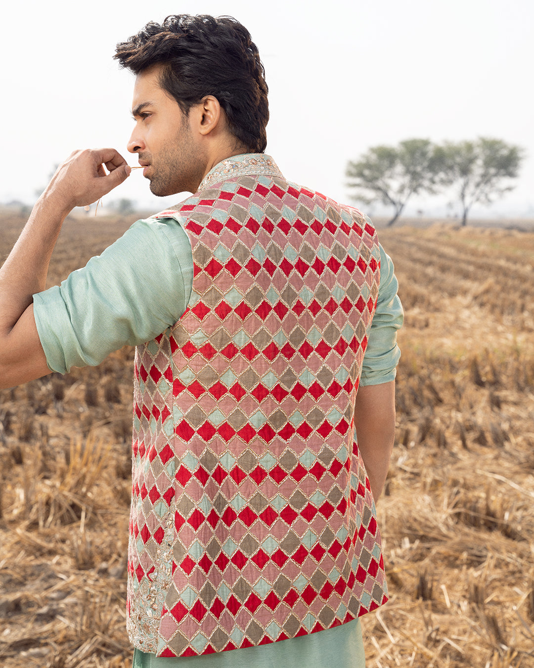 Apple Green Embroidered Silk Waistcoat Kurta Set (3-Piece) - Image 4